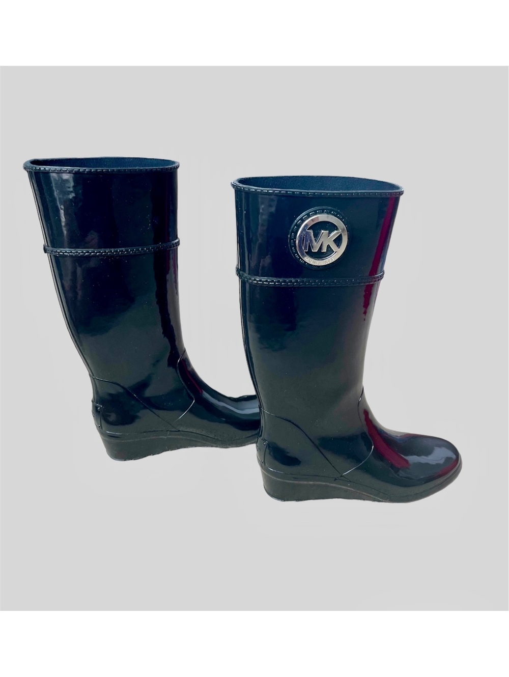 Michael Kors Black Patent Rain Boots with Wedge Heel, Size 7